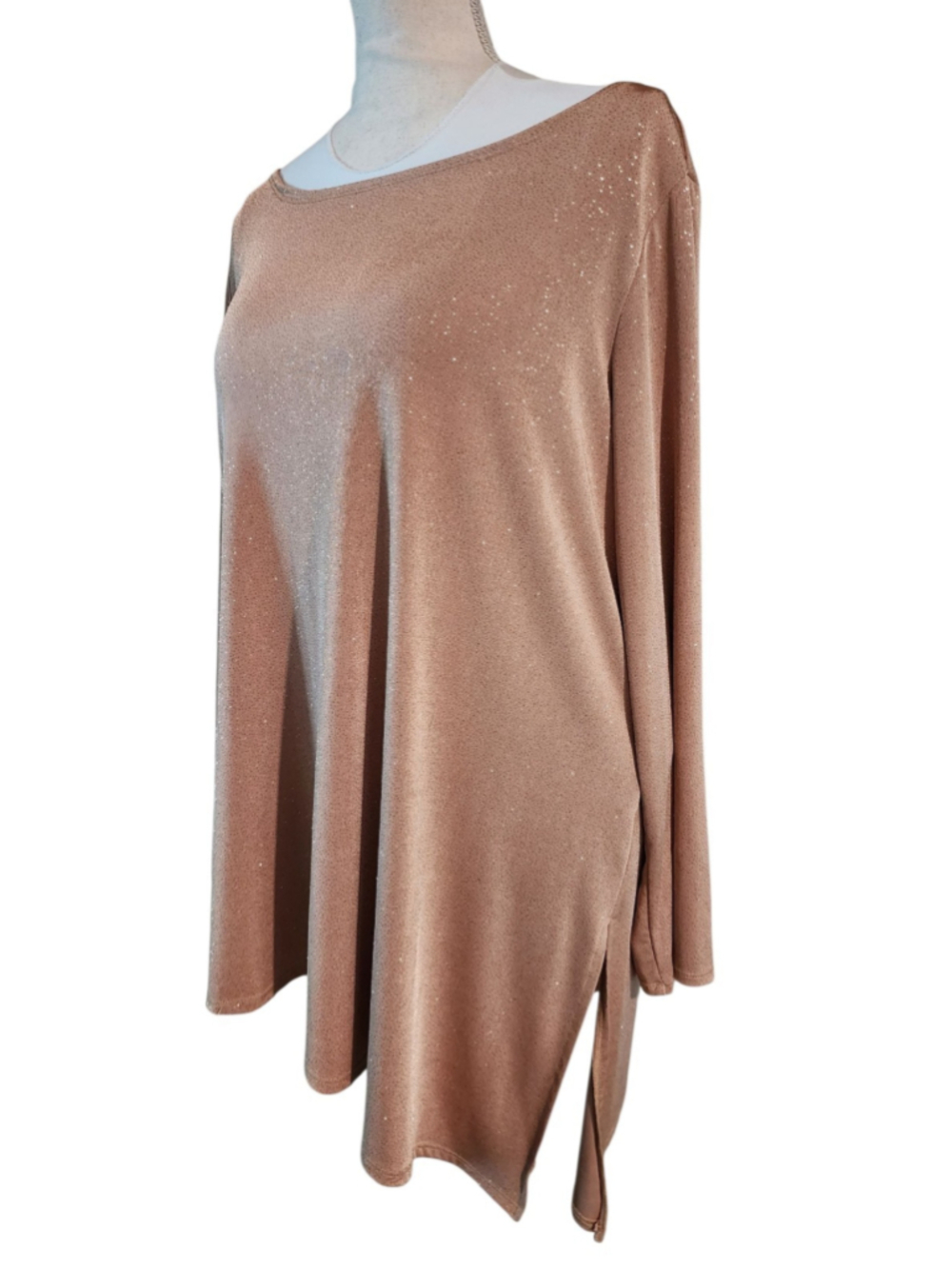 Ronni Nicole 2X Nude Beige Sparkle Glitter Long Sleeve Tunic Top Dress Boat Neck